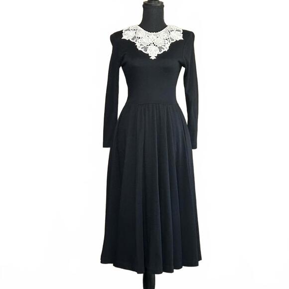 Dresses & Skirts - 90s Dark Academia Dress Black Long Sleeve Lace Collar Size 4 Retro Librarian